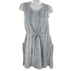Mo:Vint Blue & White Sleeveless Drawstring Dress with Side Pockets in Medium